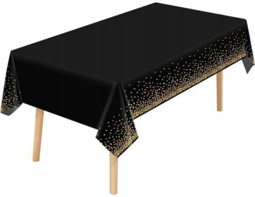 Obrus foliowy jednorazowy CZARNY złote kropki konfetti 137x274 cm Karnawał