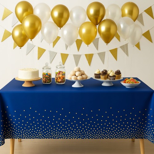 Obrus foliowy granatowy złote kropki 137×274 cm – dekoracja stołu