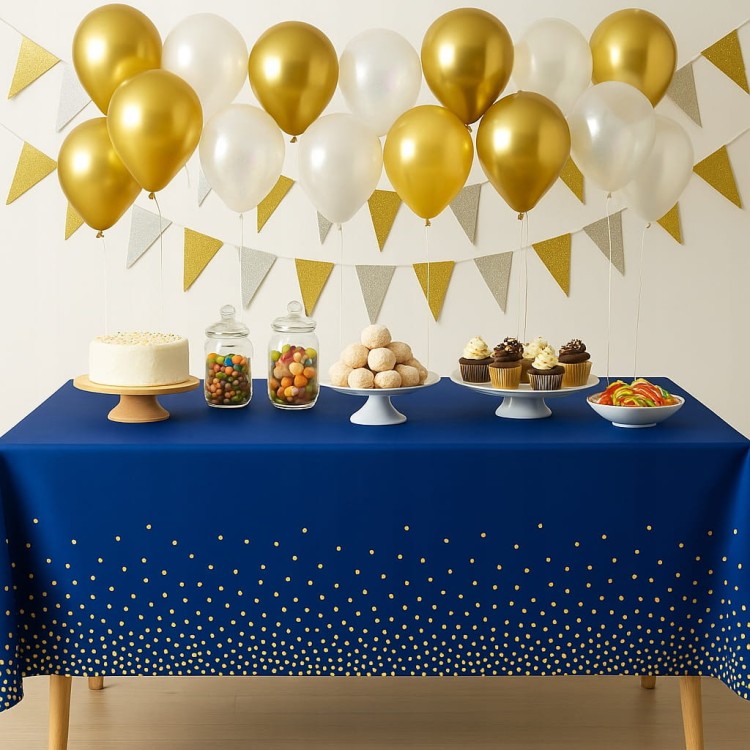 Obrus foliowy granatowy złote kropki 137×274 cm – dekoracja stołu