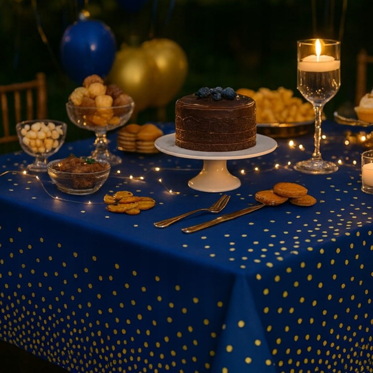 Obrus foliowy granatowy złote kropki 137×274 cm – dekoracja stołu