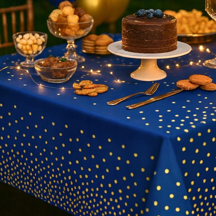 Obrus foliowy granatowy złote kropki 137×274 cm – dekoracja stołu