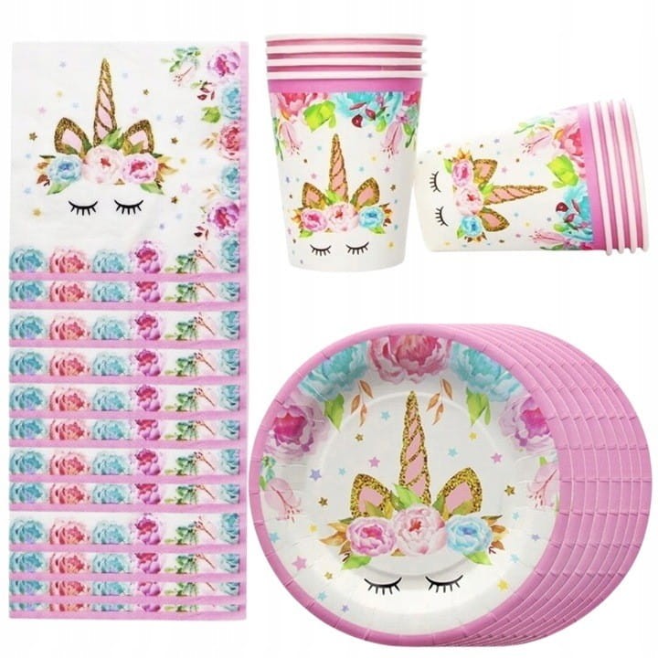 Zestaw papierowe talerzyki, kubeczki, serwetki na urodziny Jednorożec