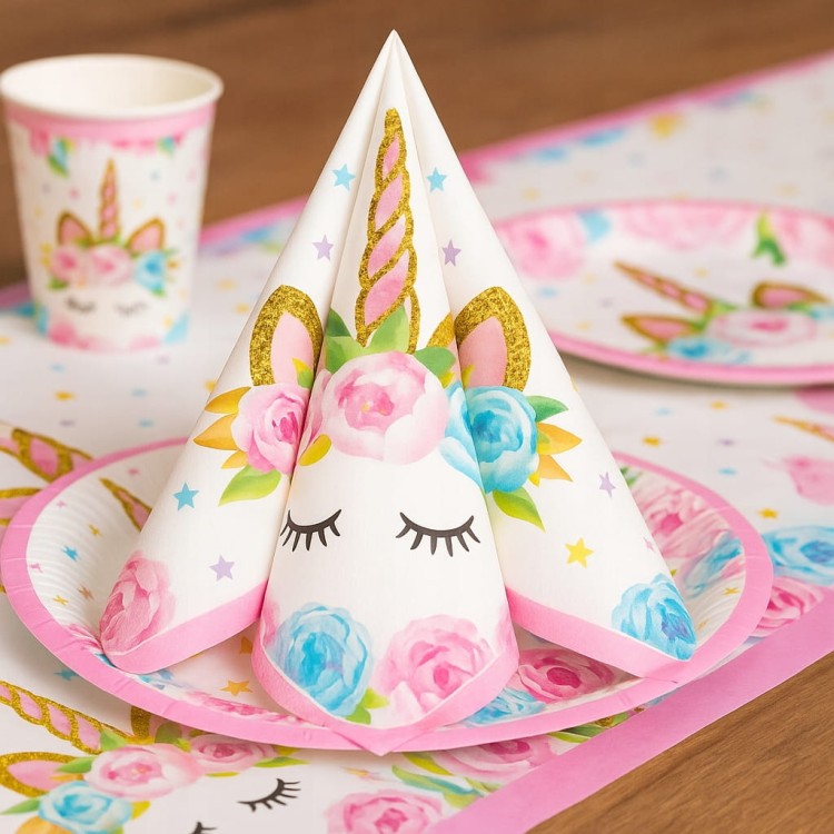 Zestaw papierowe talerzyki, kubeczki, serwetki na urodziny Jednorożec
