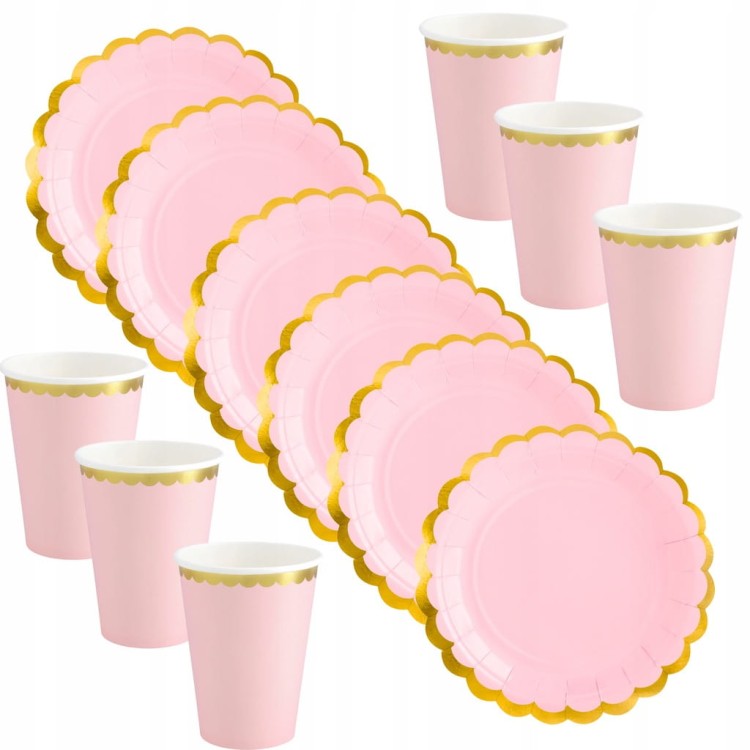 Talerzyki i kubeczki różowe papierowe jednorazowe urodziny baby shower