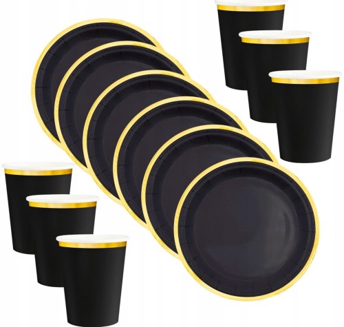 Talerzyki i kubeczki papierowe czarno-złote karnawał studniówka