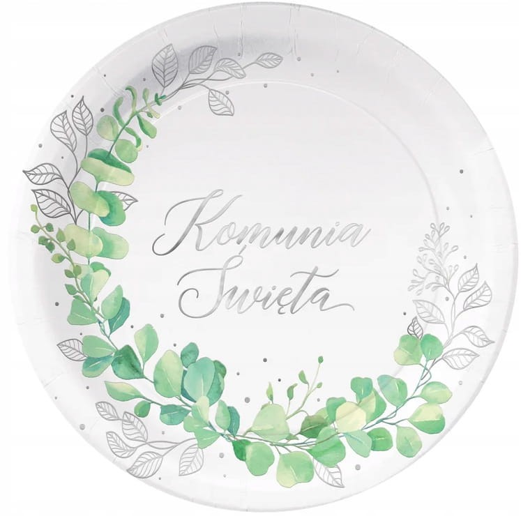 Talerzyki Komunijne na komunię Świętą 6 szt 18 cm Eukaliptus Srebrny
