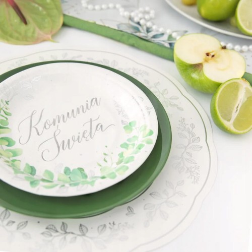 Talerzyki Komunijne na komunię Świętą 6 szt 18 cm Eukaliptus Srebrny