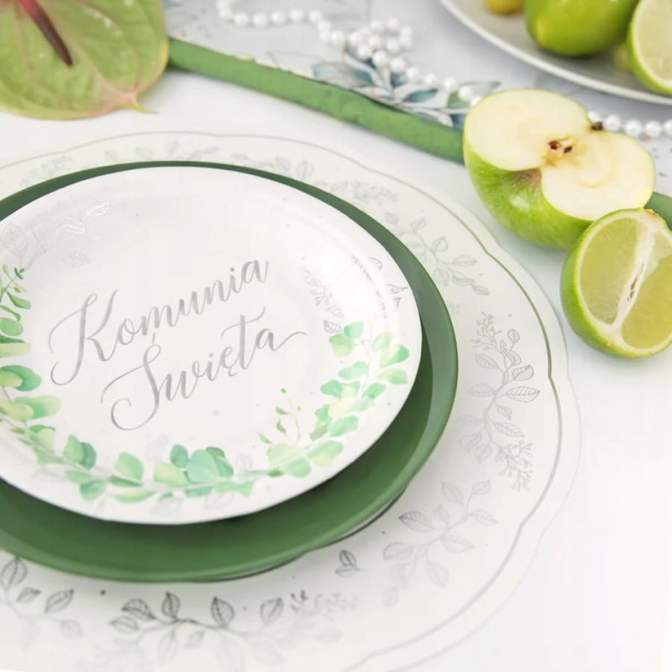 Talerzyki Komunijne na komunię Świętą 6 szt 18 cm Eukaliptus Srebrny