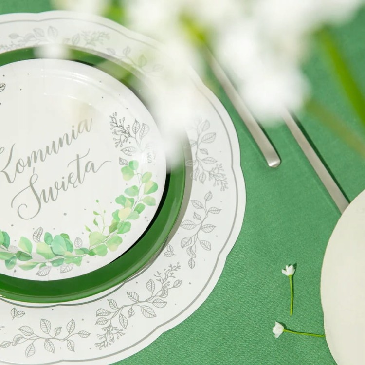 Talerzyki Komunijne na komunię Świętą 6 szt 18 cm Eukaliptus Srebrny