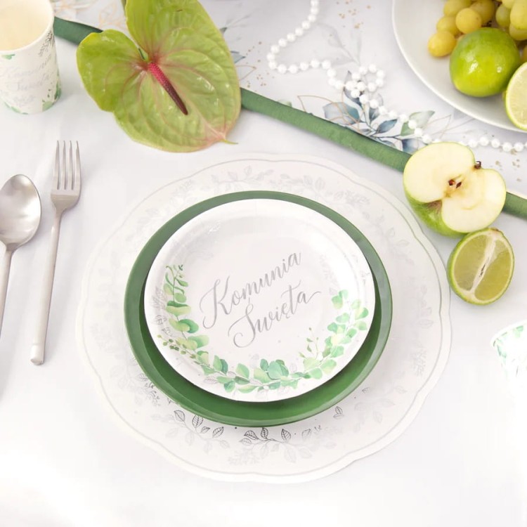 Talerzyki Komunijne na komunię Świętą 6 szt 18 cm Eukaliptus Srebrny