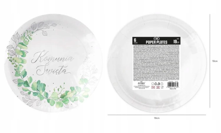 Talerzyki Komunijne na komunię Świętą 6 szt 18 cm Eukaliptus Srebrny