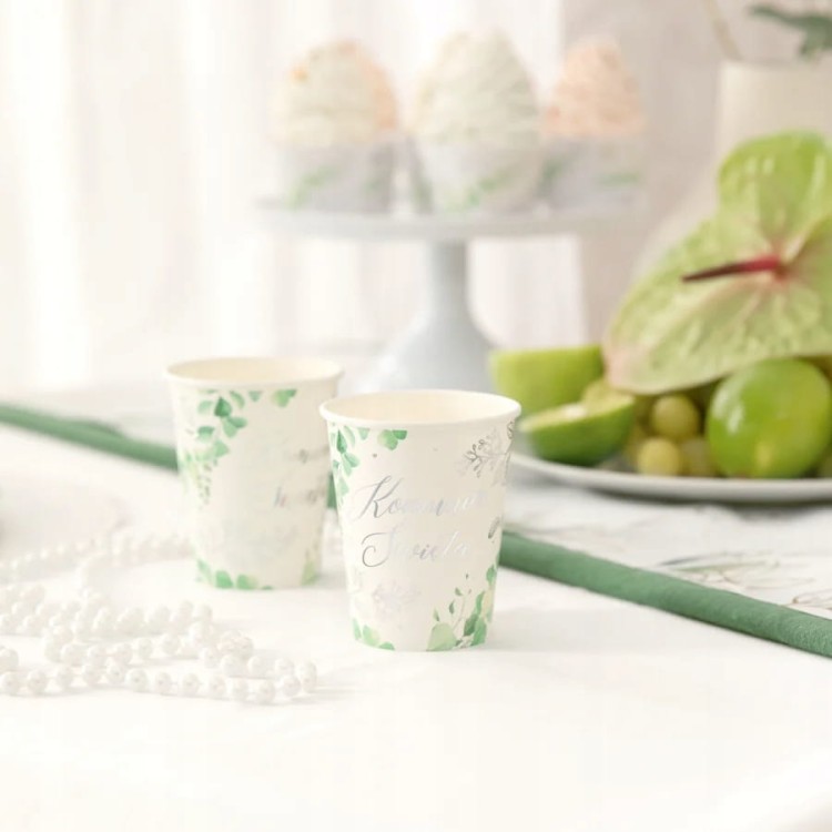 Kubeczki Komunijne na komunię Świętą 6 szt 220ml Eukaliptus Srebrny