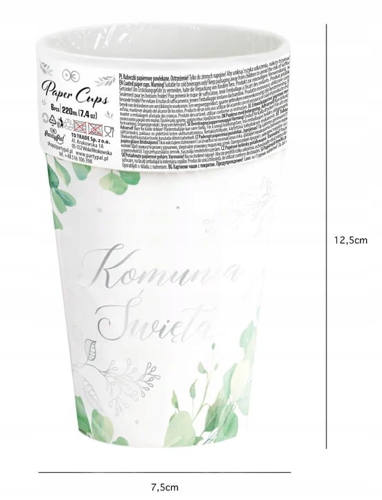Kubeczki Komunijne na komunię Świętą 6 szt 220ml Eukaliptus Srebrny
