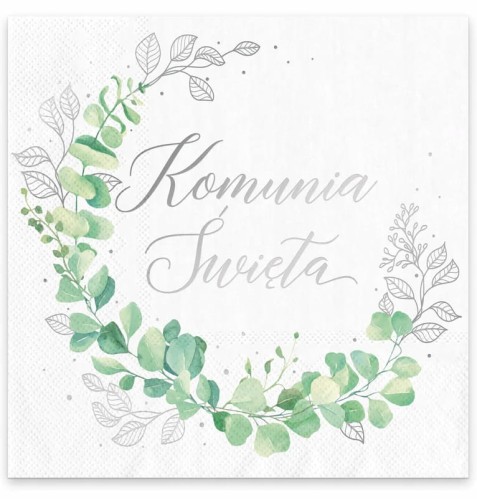 Serwetki komunijne Pierwsza Komunia 10 sztuk papierowe Eukaliptus Srebrny