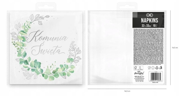 Serwetki komunijne Pierwsza Komunia 10 sztuk papierowe Eukaliptus Srebrny